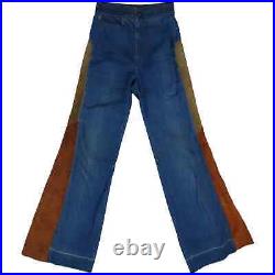 70s Vintage Hippie Bell Bottom Festival Boho Denim & Suede Leather Jeans 24