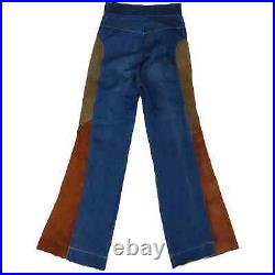 70s Vintage Hippie Bell Bottom Festival Boho Denim & Suede Leather Jeans 24