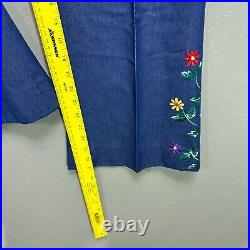 VTG 70s Jeans Embroidered Floral Bell Bottom High Rise 30 Waist Chambray Blue