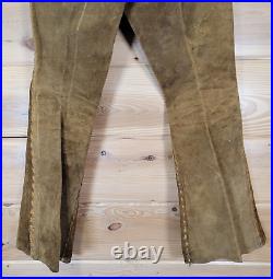 VTG 70s Leather Hand Stitched Lace Up Bell Bottoms Flare Pants Unisex 28X28
