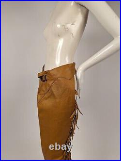Vintage 1970's Light Brown Leather Bell Bottom Chaps W Fringe