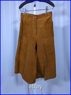 Vintage 70s Boho Heavy Duty Leather Suede Brown Culottes Bellbottom Pants NYC