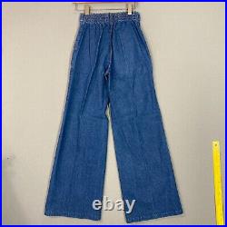 Vintage 70s Jeans Denim Big Bell Bottoms High Waist Quilted Pocket Tie Belted XS