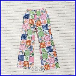 Vintage 70s Patchwork Print Bell Bottom Pants Mushroom Butterfly Colorful Xs