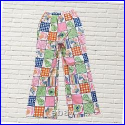 Vintage 70s Patchwork Print Bell Bottom Pants Mushroom Butterfly Colorful Xs