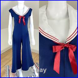 Vintage 70s Sailor Collar Navy Blue Wide Leg Palazzo Pants Jumpsuit Bell Bottom