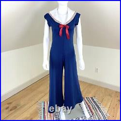 Vintage 70s Sailor Collar Navy Blue Wide Leg Palazzo Pants Jumpsuit Bell Bottom