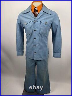 Vtg 60s 70s Leisure Suit Denim Mens Medium Jacket 33 29 Pants Bell Bottom Tobias