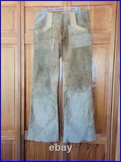 Vtg 60s Dirty Hippie Mod Rocker Suede Leather Low Rise Bell Bottom Jeans 32X32