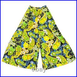 Vtg 60s Green Floral Flower Power Wide Leg Palazzo Pants Bright Bell Bottoms S