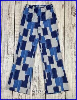Vtg 70's Checkered Pyschedelic Retro 2Pc Leisure Suit Bell Bottom Disco Set S/M