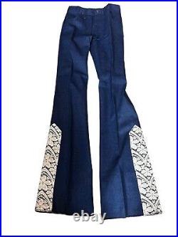 Vtg 70s NOS 26.5x36 Allen Brand Western Jeans Pants Lace Trim Flare Bell Bottoms