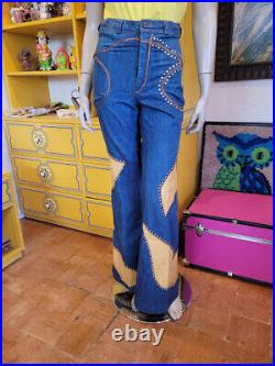 Vtg 70s Studded Embellished Denim Hippie Jeans Bell Bottoms Wide Leg Flared S