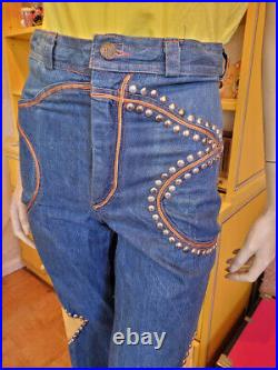 Vtg 70s Studded Embellished Denim Hippie Jeans Bell Bottoms Wide Leg Flared S