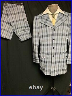 Vtg 70s Tongbuk Blue Plaid Suit 36L Jacket Bell bottom Flare Pants 32x32 5b 2v